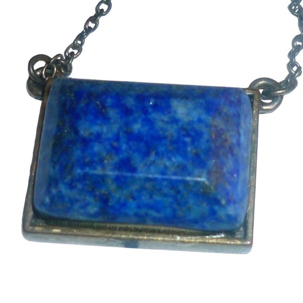 Lapis Lazuli‎ Rectangle Pendant Necklace Blue Stone Antique Bronze Tone Chain